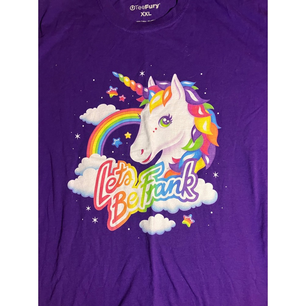 TeeFury Lets Be Frank Lisa Unicorn Rainbow Purple Graphic T-Shirt XXL 80's Retro - Picture 4 of 6